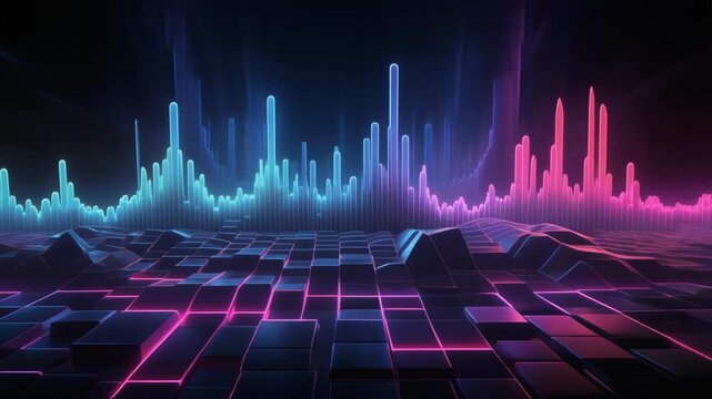 Vibrant audio waveform animation displays colorful bars and grid patterns.