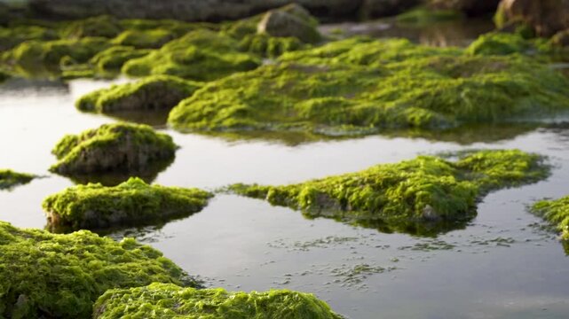 Cinematic close-up of vibrant green mossy rocks and algae in calm sea tide pools