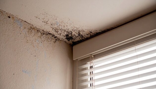  Black mold growth on walls and ceiling near window with blinds