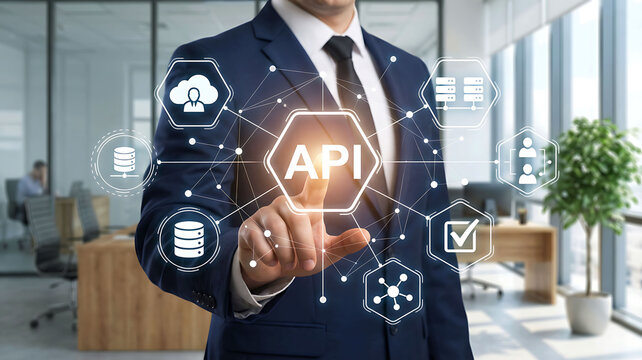 Businessman Touching Virtual API Interface for Software Development and Data Integration