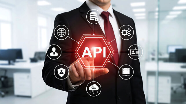 Businessman touching API icon for application programming interface and data integration