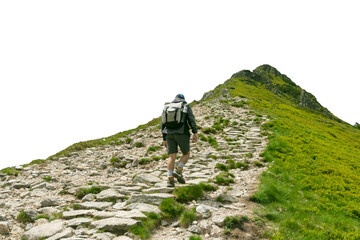 Naklejka premium Hiker climbing rocky mountain trail with backpack gear. Isolated object