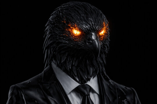 Powerful oil tycoon with eagle head and glowing fire eyes wearing a suit, conceptual metaphor for corporate predator and energy industry power