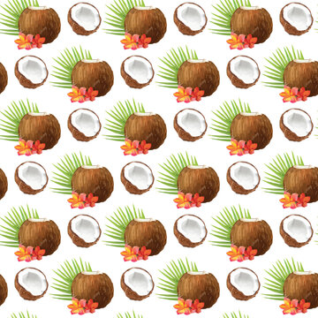 Colorful tropical coconut pattern with white background, featuring whole and halved coconuts adorned with flowers.