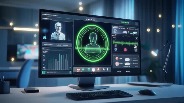 Futuristic biometric authentication system on computer screen with glowing green avatar and dynamic data visualization, symbolizing advanced security technology and