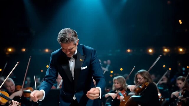 Conductor leads a symphony orchestra during a performance in an elegant concert hall at night