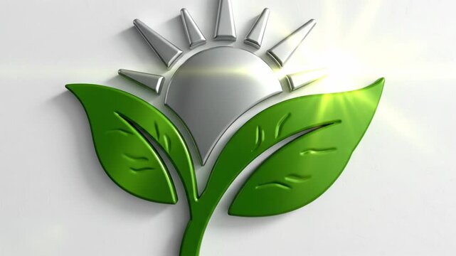 3D green leaves and metallic sun emblem on a white background. Zoom in on eco-friendly symbol with lens flare. Renewable energy and nature concept