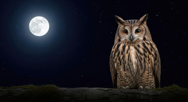 A wise owl perches on a stone wall under the light of a full moon in a dark night sky. isolated on white background