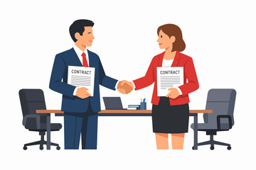 Obraz premium Business man and woman shaking hands, holding contract documents in an office setting