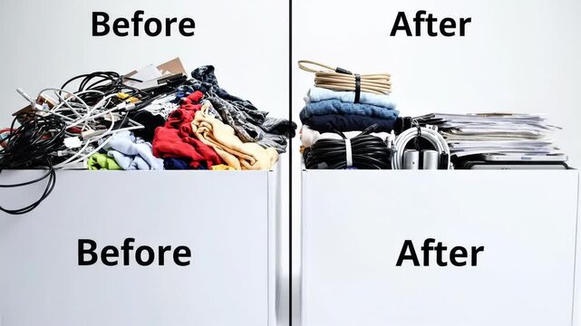 Before and after comparison of a messy and organized storage box. Decluttering concept showing tangled cables and crumpled clothes transformed into neatly folded items. Home organization