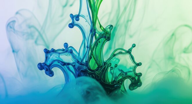 Vibrant blue and green liquids mixing in a mesmerizing swirling pattern underwater with shades of tu