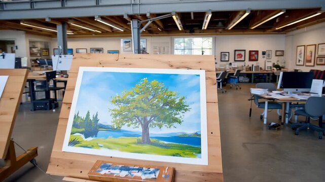 Designer dress displayed in a bright studio space with artwork on easels and workstations for fashion and art creators