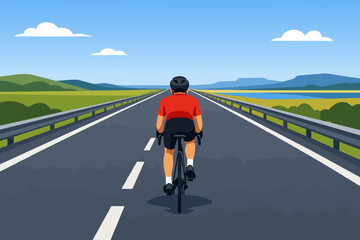 Obraz premium Cyclist riding a bicycle on a long, empty road towards the horizon