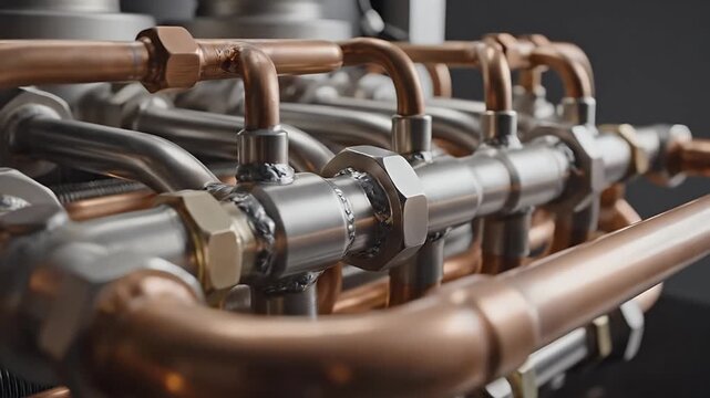 Copper and Silver Pipes with Metal Joints on Dark Gray Background