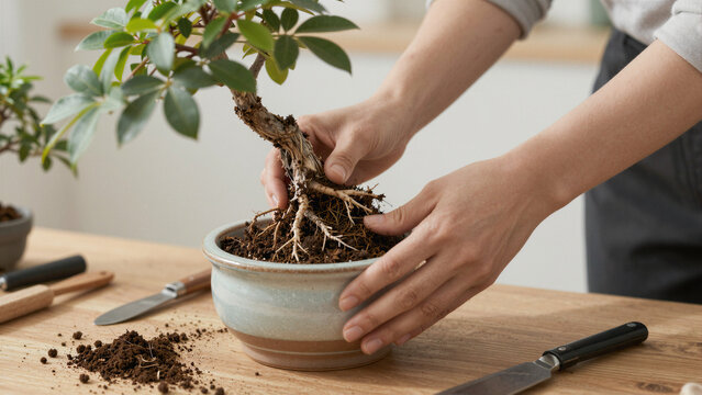 Hands carefully repotting schefflera arboricola bonsai exposing intricate nebari roots in shallow ceramic pot on workbench with scattered soil