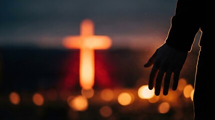 Man reaching towards glowing cross in church. Christian worshiper at concert or service. Devotion, grace and hope during Easter or religious celebration. Spiritual faith and light.
