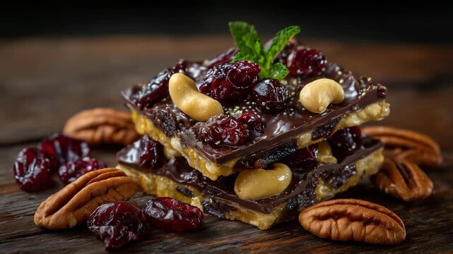 12Artisan chocolate bark sprinkled with pecans, cashews, dried mango, and cherries, resting on a textured wooden surface, dramatic moody lighting, high contrast highlights, premium d