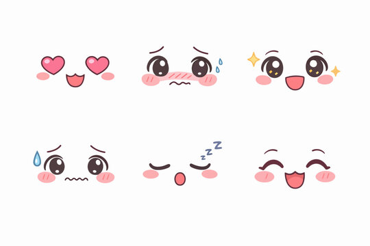 Cute set of cartoon faces showing love, shyness, happiness, and tiredness on white
