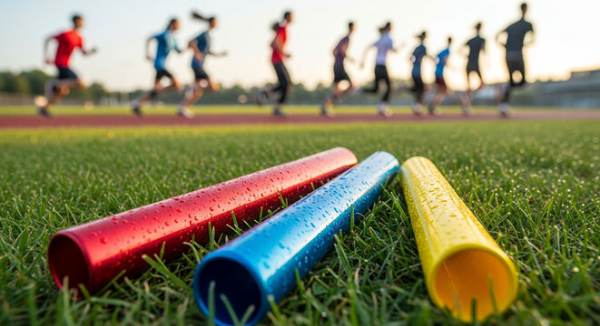 Runners participating in relay race on track with batons on grass - Concept of school activities and spending time with children  