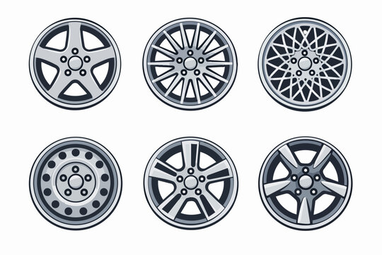 Automotive wheels presenting different styles of rims and hubcaps