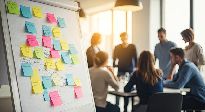 Business team brainstorming with sticky notes.