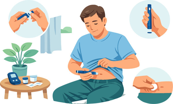 Man managing diabetes with insulin injection pen, monitoring blood sugar daily