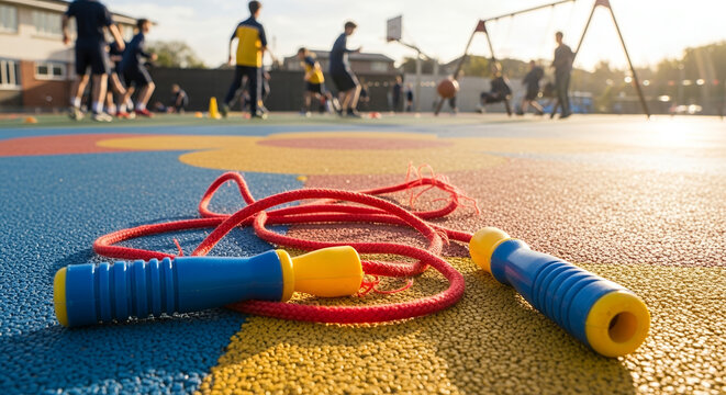 Jump rope on colorful playground with children participating in sports activities  
