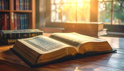 Open Book on Wooden Table in Bright Sunlight.