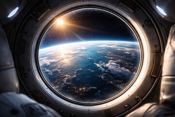 Fototapeta premium Stunning view of earth from a spacecraft window at sunrise