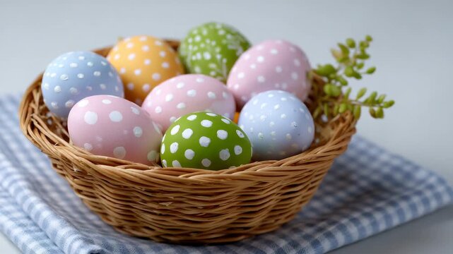 57Easter basket filled with hand-painted pastel eggs, delicate patterns and soft colors, clean white background, festive spring holiday decoration with copy space