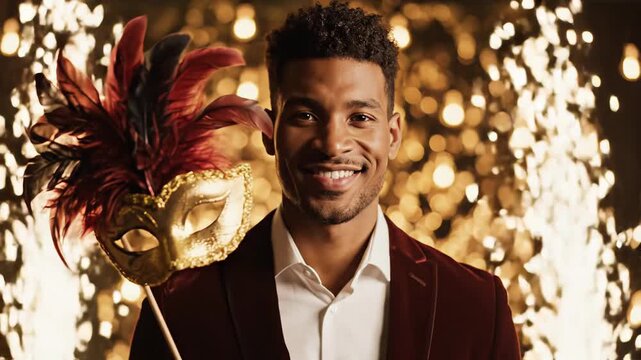 Male model wearing a decorative feathered mask smiles while holding it in front of his face, with sparkling lights and a festive background creating a vibrant atmosphere
