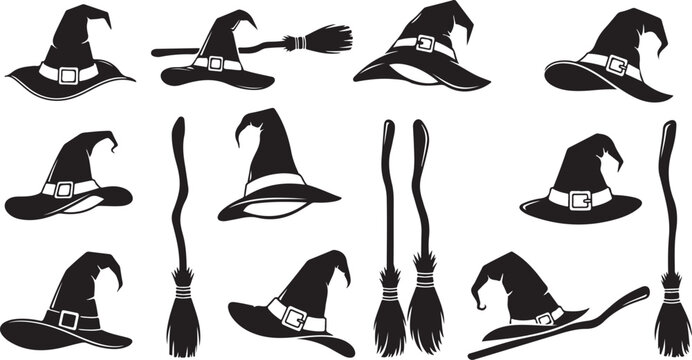 Black Silhouettes of Witches Hats and Brooms on White