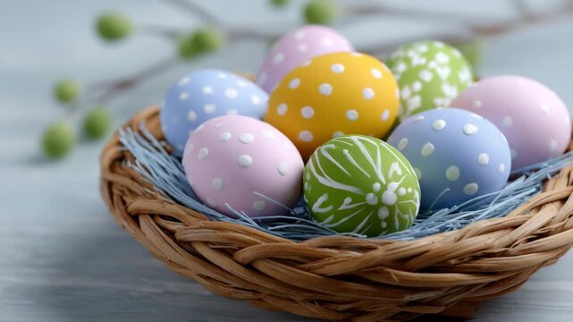 65Festive Easter basket centerpiece, hand-painted pastel eggs arranged neatly, bright white backdrop, spring holiday decor concept with copy space