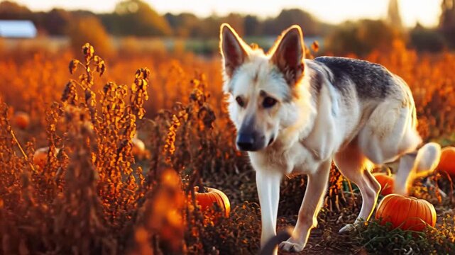 Alert white german shepherd dog walking through autumn pumpkin field at golden sunset light, dry plants and ripe pumpkins in foreground, concept of autumn harvest and rustic nature