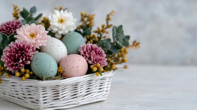 74Spring Easter basket arrangement, pastel hand-painted eggs with soft textures, white minimalist backdrop, holiday decoration and craft concept with copy space