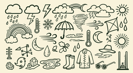 Fototapeta premium weather icons collection hand drawn doodles on beige background