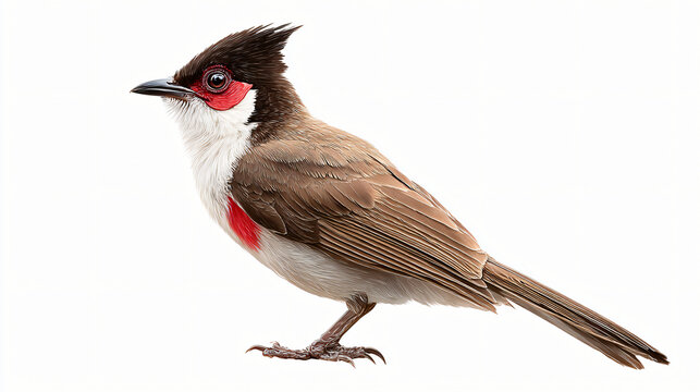 Red-Whiskered Bulbul Bird Isolated on White &ndash; Detailed Tropical Songbird Wildlife