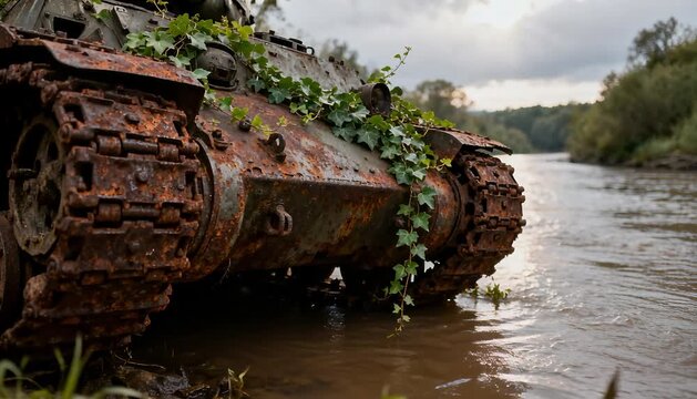 disabled tank track partially submerged in a muddy river