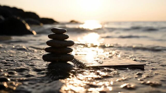 Stacked stones on sandy beach with notebook as waves gently wash over the shore during sunset, creating a serene coastal atmosphere
