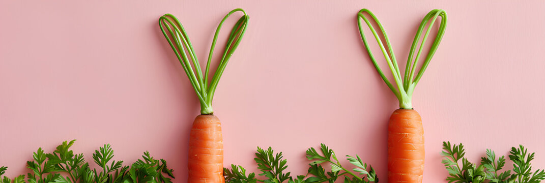 Easter banner with carrots shaped like bunny ears on pastel pink background, minimal flat lay with copy space