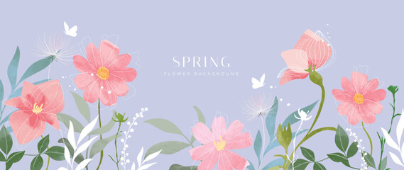 Spring flower watercolor background vector with pastel floral composition on lavender purple backdrop. Elegant botanical design for banner, wallpaper, greeting card, invitation and branding. © TWINS DESIGN STUDIO