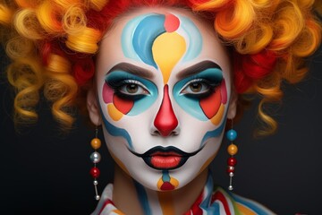 Fototapeta premium Young woman showcasing a creative and colorful face painting design with red hair