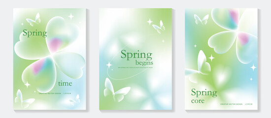 Naklejka premium Spring flowers poster vector set. Botanical pastel gradient background and white floral design for spring and summer sale ads, invitation backgrounds, cards, branding, packaging and wall decoration.