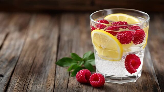 109Clear glass of fruit water with sliced lemon and raspberries, resting on rustic wood, gentle highlights on glass, shallow depth of field, minimal blurred background, healthy refres