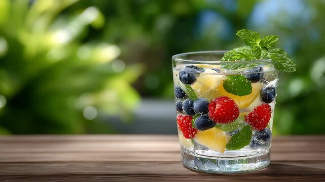 110Close-up of a glass filled with infused water and mixed fruits, mint leaves suspended inside, condensation droplets catching light, wooden table surface, smooth bokeh background