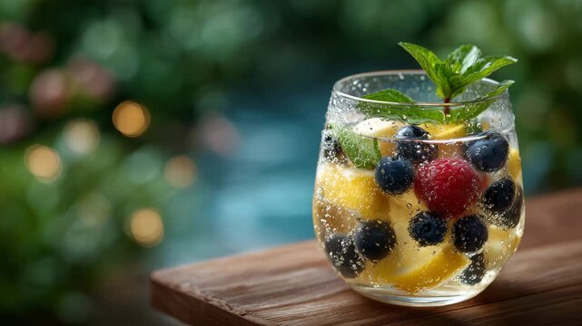 111Close-up of a glass filled with infused water and mixed fruits, mint leaves suspended inside, condensation droplets catching light, wooden table surface, smooth bokeh background