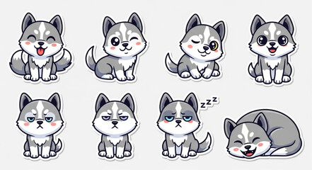 Cute cartoon husky puppies in various poses and expressions. © Basar