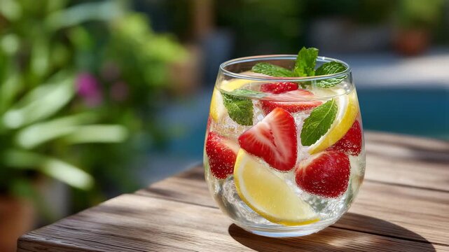 112Glass filled with chilled fruit and water, strawberries and citrus floating inside, wooden table foreground, shallow focus, softly blurred background, bright and refreshing drink s