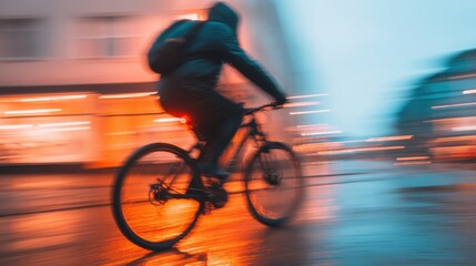 Biker rides through city streets on a rainy evening with blurred lights
