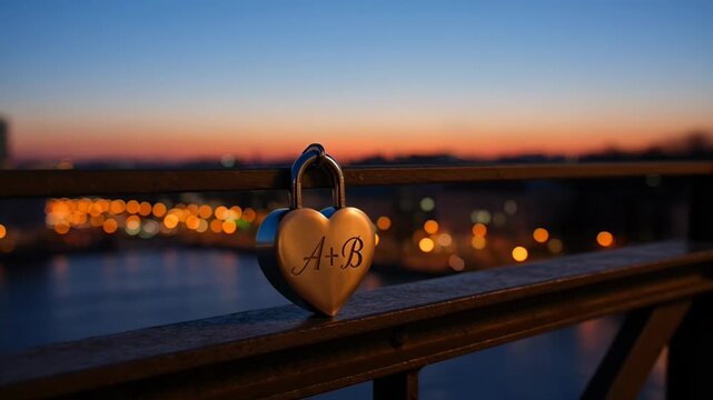 Romantic heart shaped love lock engraved with initials on a bridge railing overlooking blurred city lights and water at dusk